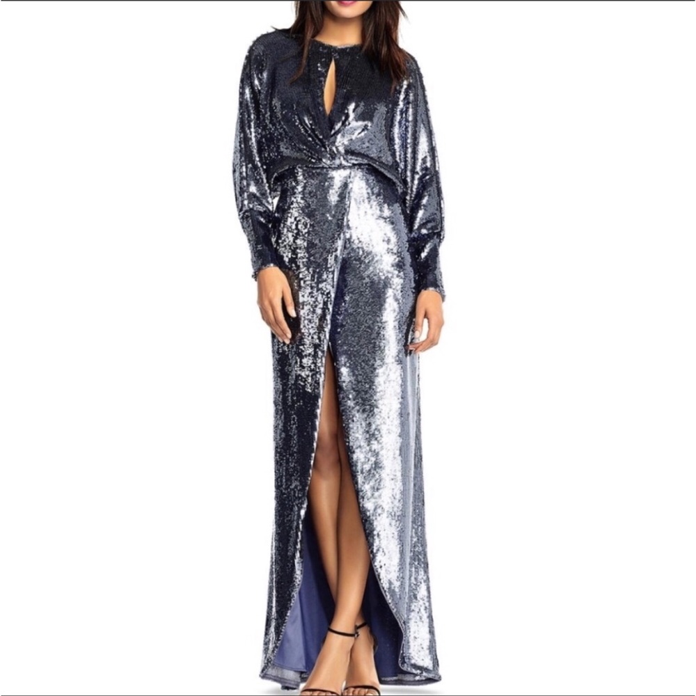 Aidan Mattox sequined blouson keyhole front long sleeve slit gown dress